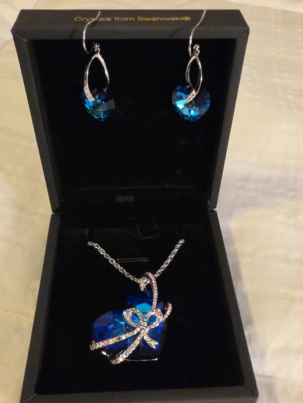 Swarovski Blue Crystal Heart Necklace and Drop Earrings Set